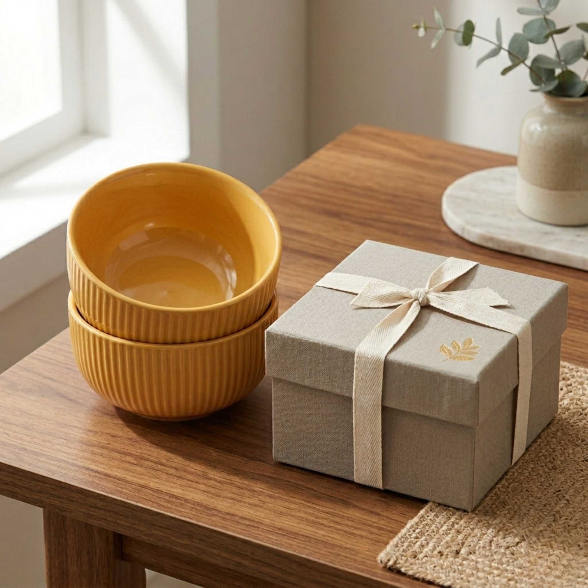warm yellow ceramic bowl set for breakfast and serving for gift