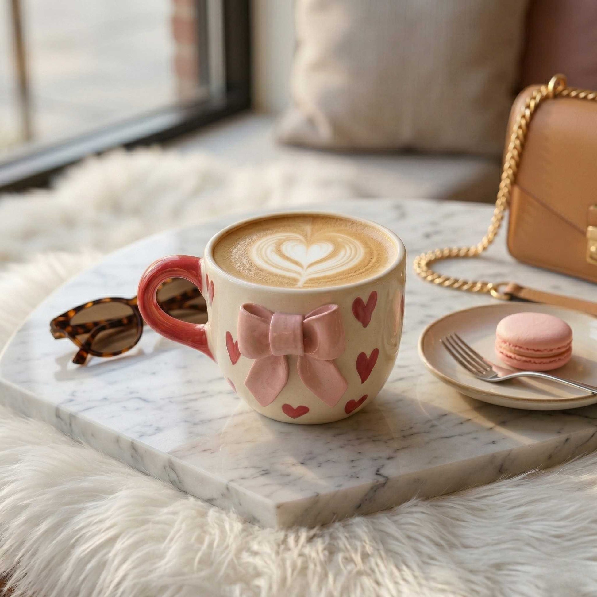 cute heart print mug with bow design aesthetic coffee mug for girls