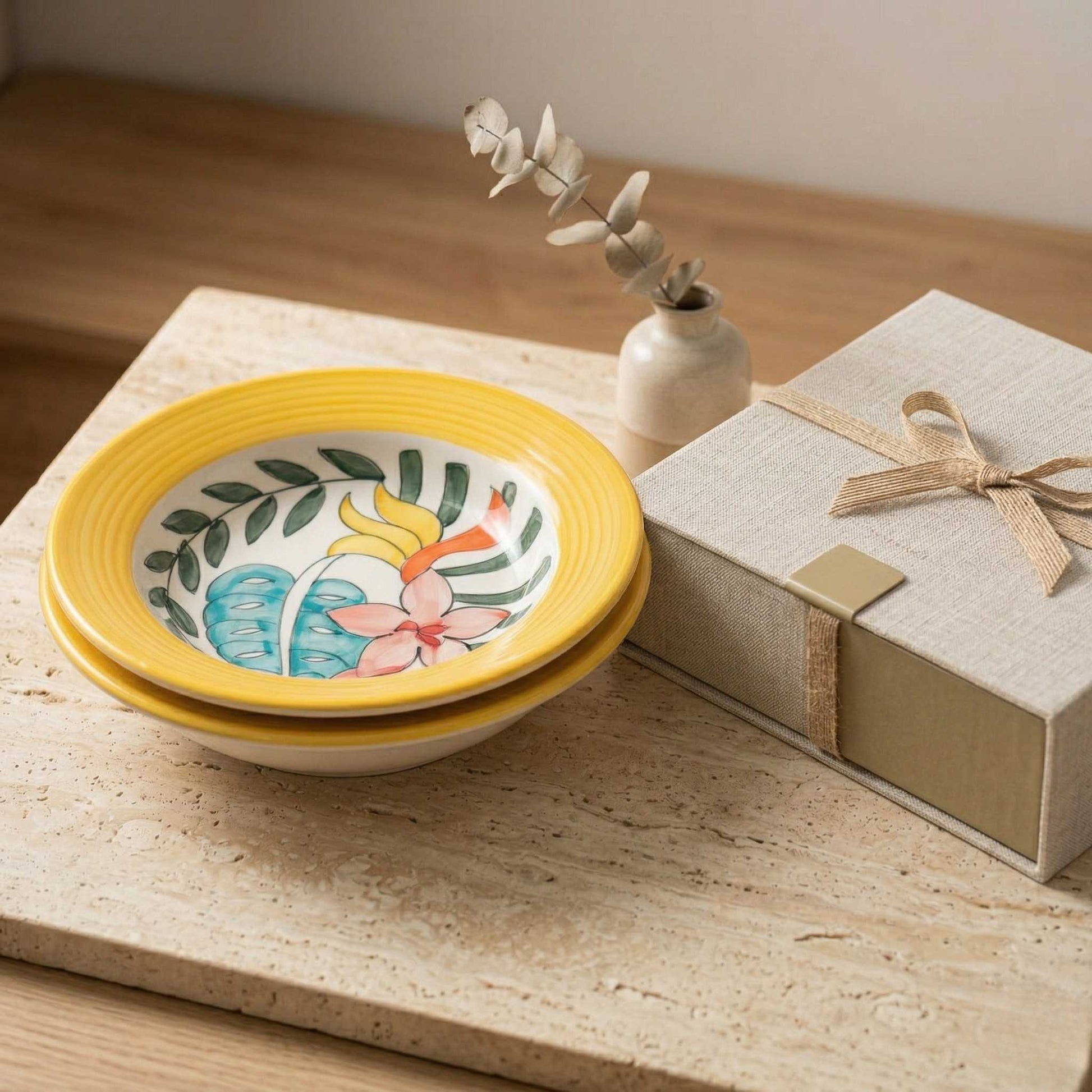 yellow rim ceramic pasta plate floral design serving plate for gift