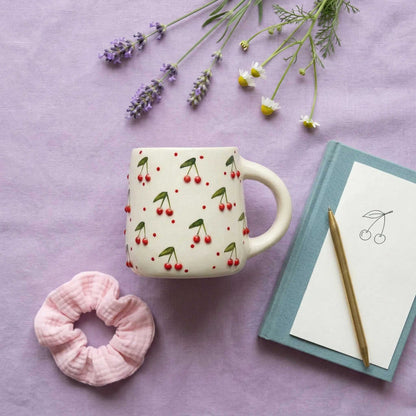 minimalist cherry coffee mug aesthetic ceramic mug with raised cherry design india