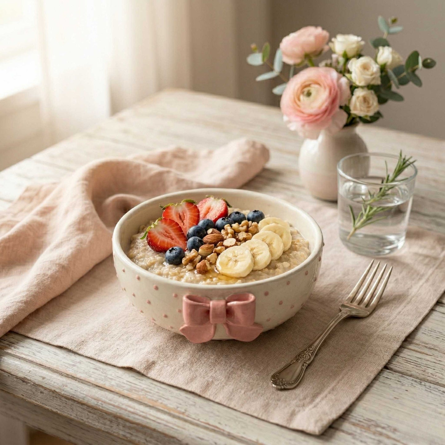 Breakfast Pookie Bow Bowl with fruit and a pink bow 