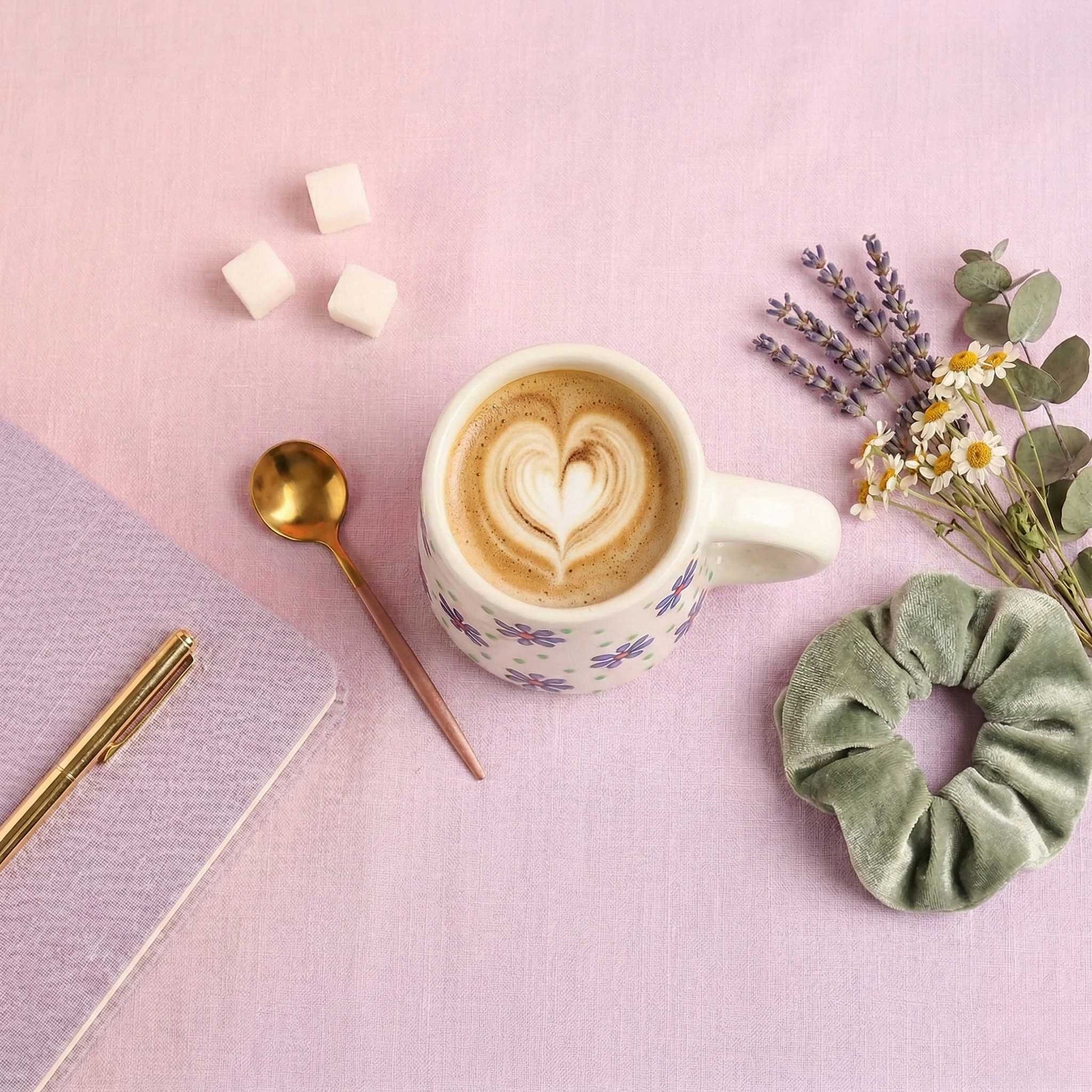 minimal floral coffee ceramic mug blue flower print mug aesthetic mugs 