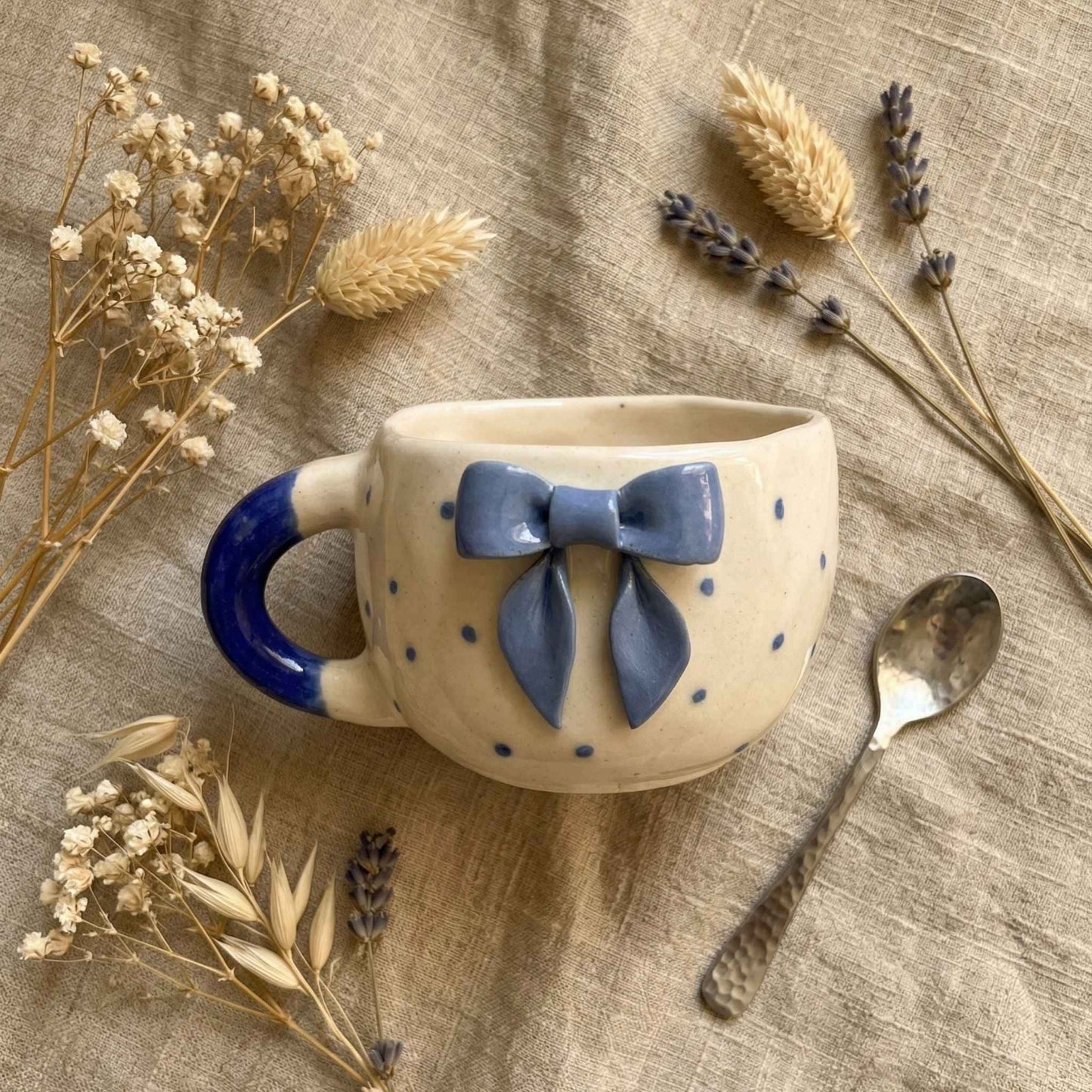 unique blue bow polka dot ceramic mug aesthetic handmade coffee mug cozy decor india