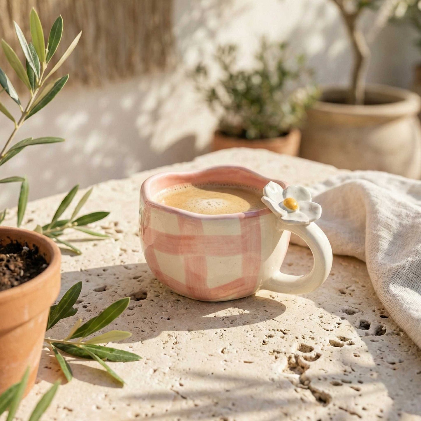 unique pink check ceramic mug with daisy detail aesthetic handmade coffee mug india