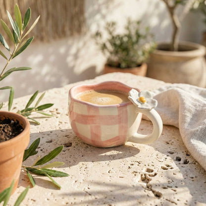 unique pink check ceramic mug with daisy detail aesthetic handmade coffee mug india
